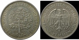 Deutsche Münzen und Medaillen ab 1871, WEIMARER REPUBLIK. Eichbaum. 5 Mark 1929 A, Vs: Reichsadler / Rs: Eichbaum. Silber. KM 56, Jaeger 331, AKS 25. ...