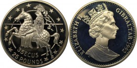 Europäische Münzen und Medaillen, Gibraltar. Knight left. 35-25 Ecus-Pounds 1992, Silber. 0.84 OZ. KM 88. Polierte Platte. Patina