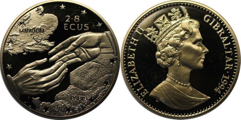 Europäische Münzen und Medaillen, Gibraltar. Clasping hands. 2.8 Ecus 1994, Kupf...