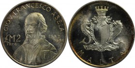 Europäische Münzen und Medaillen, Malta. Giovani Francesco Abela. 2 Pounds 1974, Silber. 0.31 OZ. KM 24. Stempelglanz