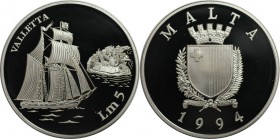 Europäische Münzen und Medaillen, Malta. Segelschiff - Valletta. 5 Liri 1994, Silber. 0.85 OZ. KM 108. Polierte Platte