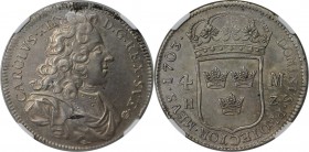 Europäische Münzen und Medaillen, Schweden / Sweden. Karl XII (1697-1718). 4 Mark 1703 HZ, Stockholm, Typ II. Silber. KM 315, AAH-45, HG-40. NGC AU-58...