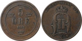 Europäische Münzen und Medaillen, Schweden / Sweden. Oskar II. (1872 - 1907). 5 Öre 1882/81, Kupfer. KM 736. Vorzüglich, Kl.Kratzer