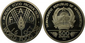 Weltmünzen und Medaillen, Afganistan. Welternährungstag. 500 Afganis 1981, Silber. 0,39 QZ. KM 1002. Polierte Platte