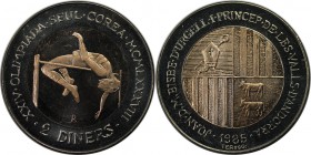 Weltmünzen und Medaillen, Andorra. Hochsprung. 2 Diners 1985, Kupfer-Nickel. KM 28. Stempelglanz