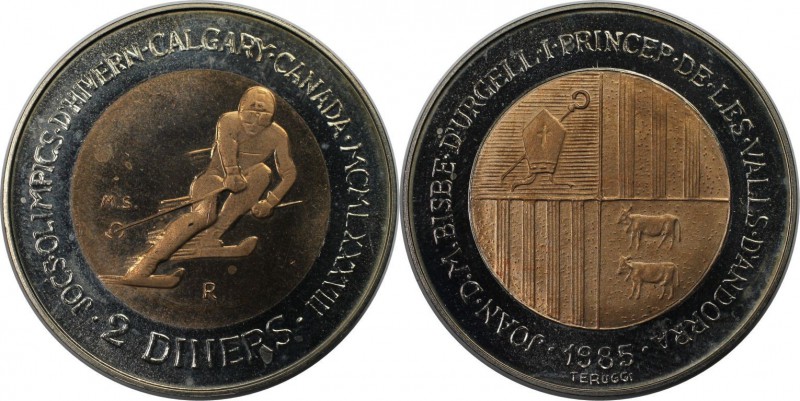 Weltmünzen und Medaillen, Andorra. Anfahrtsläufer. 2 Diners 1985, Kupfer-Nickel....