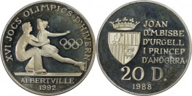 Weltmünzen und Medaillen, Andorra. Olympia 1992 Eistanz. 20 Diners 1988. Silber. 0.48 OZ. KM 47. Polierte Platte.