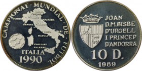 Weltmünzen und Medaillen, Andorra. Fussball WM 1990 in Italien. 10 Diners 1989, Silber. 0.36 OZ. KM 60. Polierte Platte
