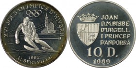 Weltmünzen und Medaillen, Andorra. "Olympiade Albertville 1992". 10 Diners 1989, Silber. 0.36 OZ. KM 55. Stempelglanz