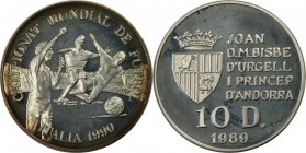 Weltmünzen und Medaillen, Andorra. Fussball WM 1990 in Italien. 10 Diners 1989, Silber. KM 53. 0.36 OZ. Stempelglanz