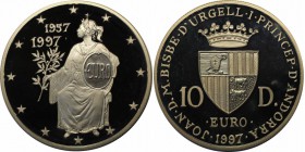 Weltmünzen und Medaillen, Andorra. 40 Jahre Römische Verträge. 10 Diners 1997, Silber. 0.93 OZ. KM 130. Polierte Platte