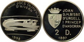 Weltmünzen und Medaillen, Andorra. Olympische Spiele 1998 in Nagano - Bob. 2 Diners 1997, Silber. 0.59 OZ. KM 140. Polierte Platte