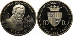 Weltmünzen und Medaillen , Andorra. Komponist Claudio Monteverdi (1567 - 1643). 10 Diners 1998, Silber. 0.93 OZ. KM 146. Polierte Platte