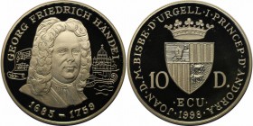 Weltmünzen und Medaillen , Andorra. Komponist Georg Friedrich Händel (1685-1759). 10 Diners 1998. Silber. 0.93 OZ. KM 147. Polierte Platte.