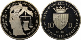 Weltmünzen und Medaillen, Andorra. 50 Jahre Erklärung der Menschenrechte. 10 Diners 1998, Silber. 0.93 OZ. KM 143. Polierte Platte