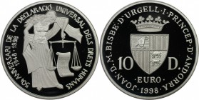 Weltmünzen und Medaillen, Andorra. Menschenrechte. 10 Diners 1998, Silber. KM 143. Polierte Platte