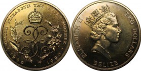 Weltmünzen und Medaillen, Belize. 90. Jahrestag der Geburt der Königin Mutter. 2 Dollar 1990, Kupfer-Nickel. KM 100. Stempelglanz