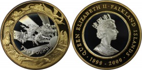 Weltmünzen und Medaillen , Falklandinseln / Falkland islands. Millennnium. 2 Pounds 1999-2000. 0,925 Bi-Metallic 0,8372 OZ. Silber center in vergoldet...
