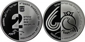 Weltmünzen und Medaillen, Israel. 60 Jahre Israel -O in 60 Symbol für Granatapfel. 2 New Sheqalim 2008, 0.86 OZ. Silber. KM 446. PCGS PR70DCAM Auflage...