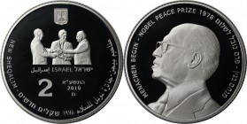 Weltmünzen und Medaillen , Israel. Menachem Begin (1913-92) Friedensnobelpreis 1978 (Vetragmit Ägupten). 2 New Sheqalim 2010, 0.86 OZ. Silber. KM 479....
