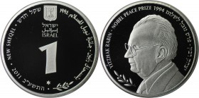 Weltmünzen und Medaillen , Israel. Ytzhak Rabin - Nobelpreis 1994 (mit Peres, Araf) - ermordet 1995. 1 New Sheqel 2011, 0.43 OZ. Silber. KM 495. Proof...