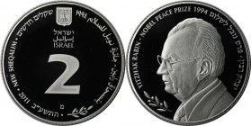 Weltmünzen und Medaillen , Israel. Ytzhak Rabin - Nobelpreis 1994 (mit Peres, Araf) - ermordet 1995. 2 New Sheqalim 2011, 0.86 OZ. Silber. KM 496. PCG...