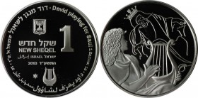 Weltmünzen und Medaillen , Israel. Biblische Geschichte - David spielt Harfe vor depressiven Saul. 1 New Sheqel 2013, 0.43 OZ. Silber. Proof Like
