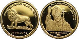 Weltmünzen und Medaillen , Kongo / Congo. Papst Joh. Paul II. 20 Francs 2003, 0.999 Gold. 1.24 g. KM 136. Polierte Platte mit Kapsel