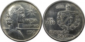 Weltmünzen und Medaillen, Kuba / Cuba. 1 Peso 1936, Silber. 0.77OZ. Stempelglanz. Patina. Berieben. Kratzer.