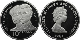 Weltmünzen und Medaillen, Turks Caicos. Hochzeit von Prinz Charles und Lady Diana. 10 Crowns 1981, Silber. 0.88 OZ. KM 53. Polierte Platte