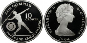 Weltmünzen und Medaillen, Turks Caicos. 1984 Sommerolympiade, Los Angeles - Speerwerfer. 10 Crowns 1984, Silber. 0.69 OZ. KM 58. Polierte Platte