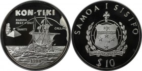 Weltmünzen und Medaillen, Western Samoa. Thor Heyerdahl`s-Expedition - Segelschiff Kon-Tiki. 10 Tala 1988, Silber. 1 OZ. KM 75. Polierte Platte