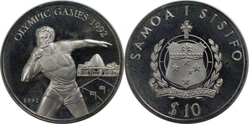 Weltmünzen und Medaillen, Western Samoa. Olympiade - Kugelstoßer. 10 Tala 1991, ...
