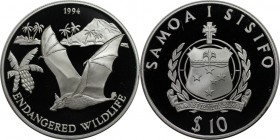 Weltmünzen und Medaillen, Western Samoa. Tierwelt - Samoa-Flughund. 10 Tala 1994, Silber. 0.93 OZ. KM 101. Polierte Platte