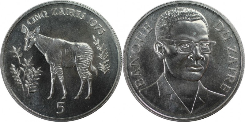 Weltmünzen und Medaillen, Zaire. Rettet die Tierwelt: Okapi. 5 Zaires 1975, Silb...