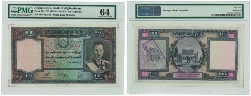 Banknoten, Afghanistan. 100 Afghanis ND (1939), Pick 26a. PMG 64, UNC, storniert...