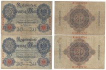 Banknoten, Deutschland / Germany. Reichsbanknoten und Reichskassenscheine (1874-1914). 2 x 20 Mark Reichsbanknote 8.6.1907. Pick: 28, Ro: 28. 2 Stück....