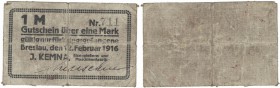 Banknoten, Deutschland / Germany. Notgeld, Breslau (Schlesien). J. Kemna. Eisengiesserei und Maschinenfabrik. 1 Mark 12.02.1916. IV. Siehe scan!