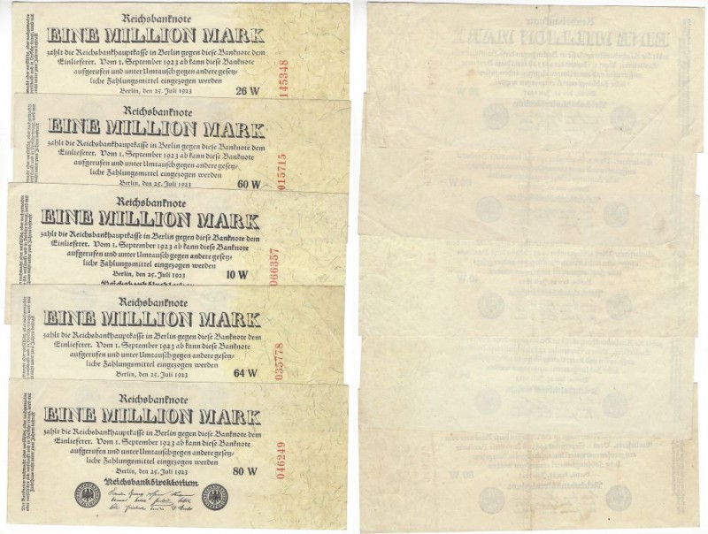 Banknoten, Deutschland / Germany. Geldscheine der Inflation (1919-1924). 5 x 1 M...