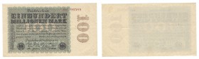 Banknoten, Deutschland / Germany. Geldscheine der Inflation (1919-1924). 100 Mio Mark Reichsbanknote 22.8.1923. Pick: 107, Ro: 106d, II Siehe scan!