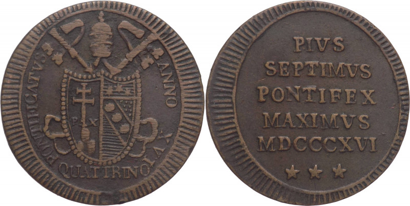 Stato Pontificio - Roma - Pio VII (1800-1823) Quattrino del III tipo 1816 con va...