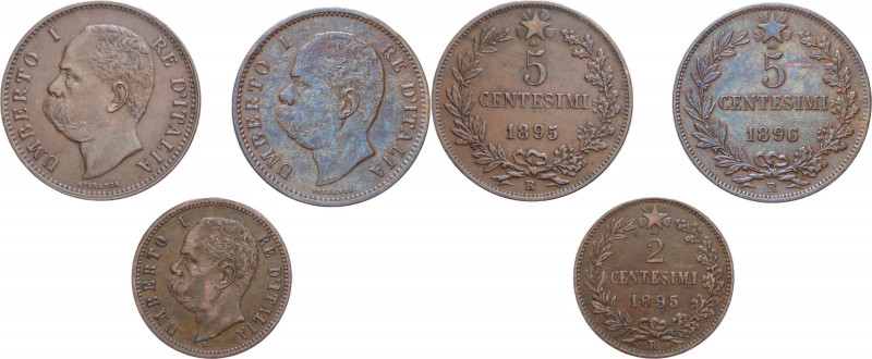 Regno d'Italia - Umberto I (1878-1900) - serie dei 5 centesimi (1895 e 1896) + 2...