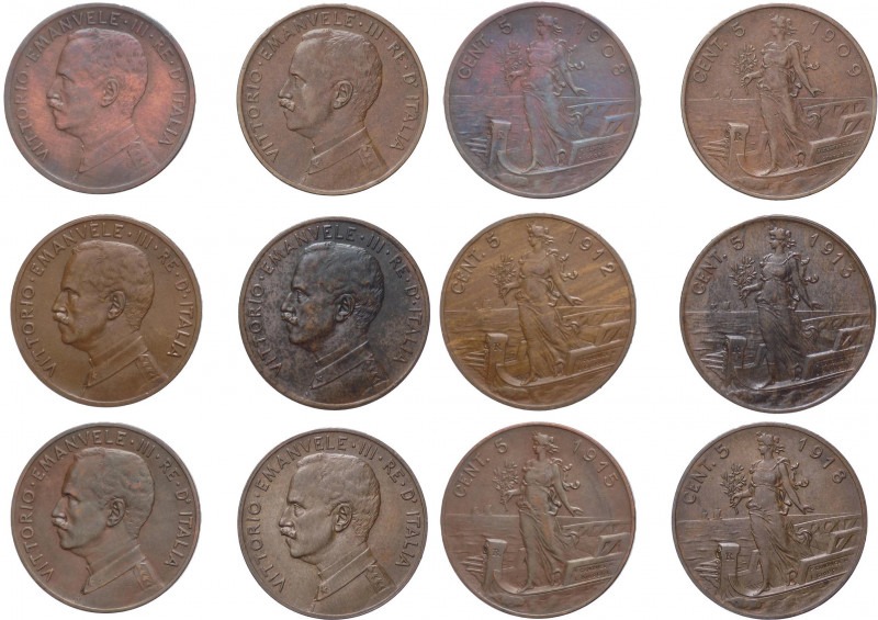 Regno d'Italia - Vittorio Emanuele III (1900-1943) - lotto di 6 monete da 5 cent...