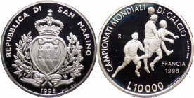San Marino - Anno 1998 - Moneta Celebrativa da Lire 10000 - "Campionati Mondiali di Calcio 1998" - in astuccio di velluto blu originale di zecca - Ag....