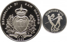 San Marino - Nuova monetazione (dal 1972) - 1000 Lire 1995 "Giochi della XXVI Olimpiade 1996" - Ag proof - In elegante cofanetto di velluto - Scatola ...
