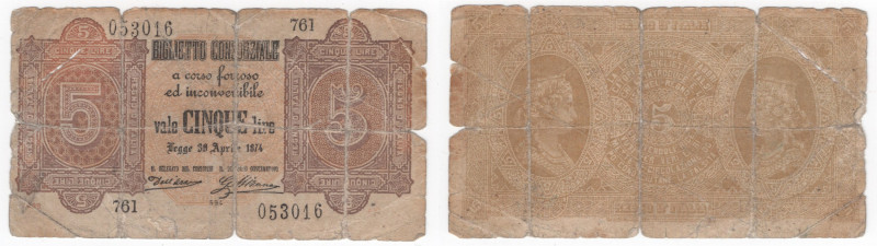 Regno d'Italia - biglietto consorziale da 5 lire - decreto 30.04.1874 - N° serie...