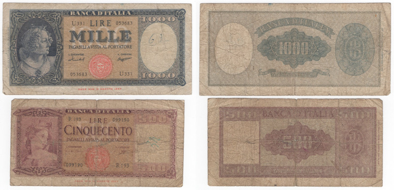 Repubblica Italiana (dal 1946) - lotto di 2 banconote 500 e 1000 lire Medusa

...