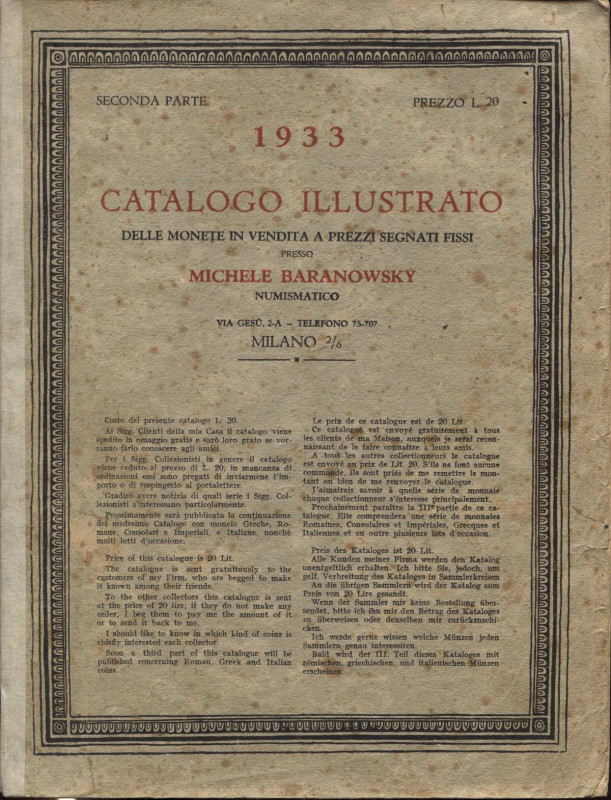 BARANOSWKY MICHELE – Milano, 1933. Catalogo illustrato delle monete in vendita a...