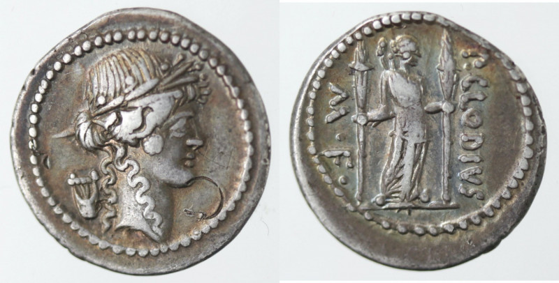 Repubblica Romana. Gens Clodia. Publius Clodius. 42 a.C. Denario. Ag. D/ Testa d...