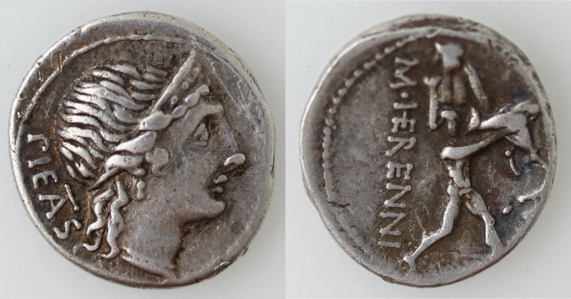Repubblica Romana. Gens Herennia. Marcus Herennius. 108-107 a.C. Denario. Ag. D/...